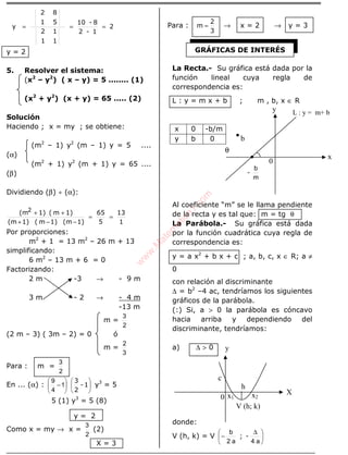 ÁLGEBRA
2
1-2
8-10
1
1
1
2
5
8
1
2
y ===
y = 2
5. Resolver el sistema:
(x2
– y2
) ( x – y) = 5 ........ (1)
(x2
+ y2
) (x + y) = 65 ..... (2)
Solución
Haciendo ; x = my ; se obtiene:
(m2
– 1) y2
(m – 1) y = 5 ....
(α)
(m2
+ 1) y2
(m + 1) y = 65 ....
(β)
Dividiendo (β) ÷ (α):
1
13
5
65
1)(m1)m(1)(m
1)m(1)(m2
==
−−+
++
Por proporciones:
m2
+ 1 = 13 m2
– 26 m + 13
simplificando:
6 m2
– 13 m + 6 = 0
Factorizando:
2 m -3 → - 9 m
3 m - 2 → - 4 m
-13 m
m =
2
3
(2 m – 3) ( 3m – 2) = 0 ó
m =
3
2
Para : m =
2
3
En ... (α) : 











− 1-
2
3
1
4
9
y3
= 5
5 (1) y3
= 5 (8)
y = 2
Como x = my → x =
2
3
(2)
X = 3
Para :
3
2
m = → x = 2 → y = 3
La Recta.- Su gráfica está dada por la
función lineal cuya regla de
correspondencia es:
L : y = m x + b ; m , b, x ∈ R
x 0 -b/m
y b 0
Al coeficiente “m” se le llama pendiente
de la recta y es tal que: m = tg θ
La Parábola.- Su gráfica está dada
por la función cuadrática cuya regla de
correspondencia es:
y = a x2
+ b x + c ; a, b, c, x ∈ R; a ≠
0
con relación al discriminante
∆ = b2
–4 ac, tendríamos los siguientes
gráficos de la parábola.
(:) Si, a > 0 la parábola es cóncavo
hacia arriba y dependiendo del
discriminante, tendríamos:
a) ∆ > 0
donde:
V (h, k) = V 




 ∆
−
a4a2
b
-;
GRÁFICAS DE INTERÉS
L : y = m+ b
x
y
-
m
b
0
θ
b
y
X
0
h
c
x2x1
V (h; k)
w
w
w
.M
atem
atica1.com
 
