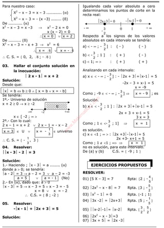 ALGEBRA
Para nuestro caso:
X2
– x – 3 = x – 3 ............ (α)
X2
– x – 3 = - (x –3) ........ (ß)
De ........... (α)
x2
– x – 3 = x –3 → x2
– 2 x = 0
x (x – 2) = 0
∴ x = 0 ∨ x = 2
De .......... (ß)
X2
– x – 3 = - x + 3 → x2
= 6
∴ x = 6 ∨ x = - 6
∴ C. S. = { 0, 2, 6 ; - 6 }
03. Hallar el conjunto solución en
la inecuación:
 2 x - 1 = x + 2
Solución:
Desde que:
x = b ⇔ b ≥ 0 ∧ [ x = b ∨ x = - b]
Se tendría:
1º.- Universo de solución
x + 2 ≥ 0 → x ≥ -2
x ∈ [ -2 ; ∞ >
2º.- Con lo cual:
2 x – 1 = x + 2 ∨ 2 x – 1 = - x – 2
x = 3 ∈ U ∨ x = -
3
1
∈ universo
∴ C. S. = { -
3
1
, 3 }
04. Resolver:
x - 3 - 2  = 3
Solución:
1.- Haciendo ; x - 3 = a ........ (α)
donde a > 0; se tendría:
a - 2 = 3 → a – 2 = 3 ∨ a – 2 = -3
a = 5 ∨ a = - 1 (No)
2.- En (α), dado que: a > 0
x - 3 = 5 → x – 3 = 5 ∨ x – 3 = - 5
x = 8 ∨ x = - 2
∴ C.S. = { 8 ; -2 }
05. Resolver:
-x - 1 + 2x + 3 = 5
Solución:
Igualando cada valor absoluto a cero
determinamos los puntos de corte en la
recta real:
Respecto a los signos de los valores
absolutos en cada intervalo se tendría:
a) < - ∞ ; -
2
3
] : ( - ) ( - )
b) < -
2
3
; 1 ] : ( + ) ( - )
c) < 1; ∞ > : ( + ) ( + )
Analizando en cada intervalo:
a) x ∈ < - ∞ ; -
2
3
] : - 2x + 3+x-1 = 5
-2x – 3 + x-1 = 5
x = -9
Como ; -9 ∈ < - ∞ ; -
2
3
] ⇒ x = - 9 ; es
Solución.
b) x ∈ < -
2
3
; 1 ] : 2x + 3+x-1 = 5
2x + 3 + x-1 = 5
3 x = 3
Como ; 1 ∈ <-
2
3
; 1] ⇒ x = 1
es solución.
c) x ∈ <1 ; ∞ > : 2x +3-x-1= 5
2x +3- x+1 = 5
Como ; 1 ∉ <1 ; ∞> ⇒ x = 1
no es solución, para este intervalo.
De (a) y (b) C.S. = { -9 ; 1 }
RESOLVER:
01) [5 X – 3] = 7 Rpta: {2 ; -
5
4
}
02) 2x2
– x - 8 = 7 Rpta. {3 ; -
2
5
}
03) x2
– 1 = 0 Rpta. {-1 ; 1}
04) 3x -2 = 2x+3 Rpta. {5 ; -
5
1
}
05) x-2-1= x-2 Rpta. {
2
3
;
2
5
}
06) 2x2
– x - 3=3
07) 3x + 5 = 2x -3
-∞ -2 +∞
EJERCICIOS PROPUESTOS
- ∞ + ∞10
-
2
3
U
2x+3= 0 -x-1= 0
w
w
w
.M
atem
atica1.com
 