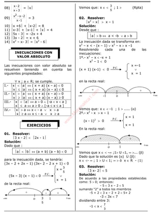 ALGEBRA
08)
3x
2-x
+
= x
09)
1-x
2-x-x2
= 3
10) x +6 + x-2 = 8
11) x-3 + x-1 + x = 4
12) 5x - 3 = -2x + 4
13) 3x - 2 = x + 6
14) x2
– x- 3 = x2
- 6
Las inecuaciones con valor absoluto se
resuelven teniendo en cuenta las
siguientes propiedades:
∀ x ; a ∈ R; se cumple.
I.- x < a ⇔ ( x + a) (x – a) < 0
x ≤ a ⇔ ( x + a) (x – a) ≤ 0
II.- x > a ⇔ ( x + a) (x – a) > 0
x ≥ a ⇔ ( x + a) (x – a) ≥ 0
III.- x < a ⇔ a > 0 ∧ [-a < x < a ]
x ≤ a ⇔ a ≥ 0 ∧ [-a ≤ x ≤ a ]
IV.- x > a ⇔ x < - a ∨ x > a
x ≥ a ⇔ x ≤ - a ∨ x ≥ a
01. Resolver:
3 x - 2 < 2x - 1
Solución:
Dado que :
a < b ⇔ (a + b) (a – b) < 0
para la inecuación dada, se tendría:
(3x – 2 + 2x – 1) (3x– 2 – 2 x + 1) < 0
x =
5
3
(5x – 3) (x – 1) < 0 ∨
x = 1
de la recta real:
Vemos que: x ∈ <
5
3
; 1 > (Rpta)
02. Resolver:
x2
– x > x – 1
Solución:
Desde que :
a > b ⇔ a < -b ∨ a > b
La inecuación dada se transforma en:
x2
– x < - (x – 1) ∨ x2
– x > x –1
Resolviendo cada una de las
inecuaciones:
1º.- x2
– x < -x + 1
x2
– 1 < 0
x =-1
(x + 1) (x-1) < 0 ∨
x = 1
en la recta real:
Vemos que: x ∈ < -1 ; 1 > ..... (α)
2º.- x2
- x > x – 1
x = 1
(x - 1)2
> 0
x = 1
En la recta real:
Vemos que x ∈ < -∞ ;1> U <1, ∞ >... (β)
Dado que la solución es (α) U (β):
x ∈ <- ∞ ; 1 > U < 1; ∞ > ó x ∈ R - {1}
03. Resolver:
3 x- 2 < 5
Solución:
De acuerdo a las propiedades establecidas
como: 5 > 0; entonces:
- 5 < 3 x – 2 < 5
sumando “2” a todos los miembros
-5 + 2 < 3 x – 2 + 2 < 5+ 2
-3 < 3x < 7
dividiendo entre 3:
-1 < x <
3
7
INECUACIONES CON
VALOR ABSOLUTO
EJERCICIOS
P.C.
P.C.
+∞
-∞ +∞o
5
3 1
o o
+ +-
-∞ o 1
o
+
+ +
P.C.
-∞ +∞o-1
+ +-
1
w
w
w
.M
atem
atica1.com
 