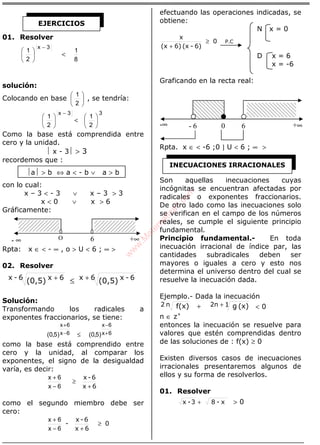 ALGEBRA
01. Resolver
3x
2
1
−






<
8
1
solución:
Colocando en base 





2
1
, se tendría:
3x
2
1
−






<
3
2
1






Como la base está comprendida entre
cero y la unidad.
 x - 3 > 3
recordemos que :
a > b ⇔ a < - b ∨ a > b
con lo cual:
x – 3 < - 3 ∨ x – 3 > 3
x < 0 ∨ x > 6
Gráficamente:
Rpta: x ∈ < - ∞ , o > U < 6 ; ∞ >
02. Resolver
6x 6-x6-x 6x (0,5)(0,5) ++ ≤
Solución:
Transformando los radicales a
exponentes fraccionarios, se tiene:
6x
6x
6x
6x
)5,0()5,0( +
−
−
+
≤
como la base está comprendido entre
cero y la unidad, al comparar los
exponentes, el signo de la desigualdad
varía, es decir:
6x
6-x
+
≥
−
+
6x
6x
como el segundo miembro debe ser
cero:
0
6x
6-x
- ≥
+−
+
6x
6x
efectuando las operaciones indicadas, se
obtiene:
N x = 0
0
6)-(x6)(x
x
≥
+
P.C
D x = 6
x = -6
Graficando en la recta real:
Rpta. x ∈ < -6 ;0 ] U < 6 ; ∞ >
Son aquellas inecuaciones cuyas
incógnitas se encuentran afectadas por
radicales o exponentes fraccionarios.
De otro lado como las inecuaciones solo
se verifican en el campo de los números
reales, se cumple el siguiente principio
fundamental.
Principio fundamental.- En toda
inecuación irracional de índice par, las
cantidades subradicales deben ser
mayores o iguales a cero y esto nos
determina el universo dentro del cual se
resuelve la inecuación dada.
Ejemplo.- Dada la inecuación
(x)gf(x) 12nn2 ++ < 0
n ∈ z+
entonces la inecuación se resuelve para
valores que estén comprendidas dentro
de las soluciones de : f(x) ≥ 0
Existen diversos casos de inecuaciones
irracionales presentaremos algunos de
ellos y su forma de resolverlos.
01. Resolver
x-83-x + > 0
EJERCICIOS
+∞- ∞ O 6
-∞ +∞6- 6 0
INECUACIONES IRRACIONALES
w
w
w
.M
atem
atica1.com
 