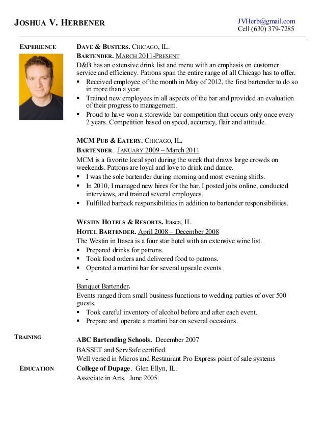 responsibilities of a bartender for resumes
