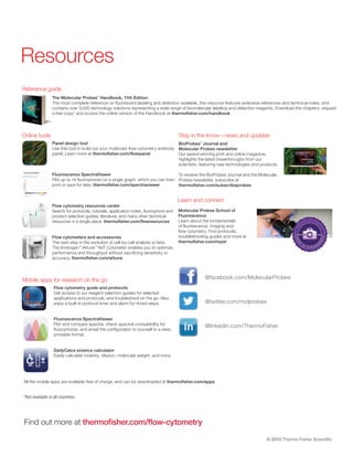 © 2015 Thermo Fisher Scientific
Reference guide
Online tools Stay in the know—news and updates
Mobile apps for research on the go
Learn and connect
The Molecular Probes™
Handbook, 11th Edition
The most complete reference on fluorescent labeling and detection available, this resource features extensive references and technical notes, and
contains over 3,000 technology solutions representing a wide range of biomolecular labeling and detection reagents. Download the chapters, request
a free copy* and access the online version of the Handbook at thermofisher.com/handbook
Panel design tool
Use this tool to build out your multicolor flow cytometry antibody
panel. Learn more at thermofisher.com/flowpanel
Fluorescence SpectraViewer
Plot up to 14 fluorophores on a single graph, which you can then
print or save for later. thermofisher.com/spectraviewer
Flow cytometry resources center
Search for protocols, tutorials, application notes, fluorophore and
product selection guides, literature, and many other technical
resources in a single place. thermofisher.com/flowresources
BioProbes™
Journal and
Molecular Probes newsletter
Our award-winning print and online magazine,
highlights the latest breakthroughs from our
scientists, featuring new technologies and products.
To receive the BioProbes Journal and the Molecular
Probes newsletter, subscribe at
thermofisher.com/subscribeprobes
Flow cytometers and accessories
The next step in the evolution of cell-by-cell analysis is here.
The Invitrogen™
Attune™
NxT Cytometer enables you to optimize
performance and throughput without sacrificing sensitivity or
accuracy. thermofisher.com/attune
Flow cytometry guide and protocols
Get access to our reagent selection guides for selected
applications and protocols, and troubleshoot on the go. Also
enjoy a built-in protocol timer and alarm for timed steps.
Fluorescence SpectraViewer
Plot and compare spectra, check spectral compatibility for
fluorophores, and email the configuration to yourself in a clear,
printable format.
DailyCalcs science calculator
Easily calculate molarity, dilution, molecular weight, and more.
Molecular Probes School of
Fluorescence
Learn about the fundamentals
of fluorescence, imaging and
flow cytometry. Find protocols,
troubleshooting guides and more at
thermofisher.com/mpsf
All the mobile apps are available free of charge, and can be downloaded at thermofisher.com/apps
Find out more at thermofisher.com/flow-cytometry
The Molecular Probes
The most complete reference on fluorescent labeling and detection available, this resource features extensive references and technical notes, and
contains over 3,000 technology solutions representing a wide range of biomolecular labeling and detection reagents. Download the chapters, request
a free copy* and access the online version of the Handbook at
Resources
@facebook.com/MolecularProbes
@twitter.com/molprobes
@linkedin.com/ThermoFisher
*Not available in all countries.
 