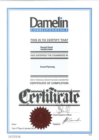 Danyel Damelin Certificate for Events Planning 2013