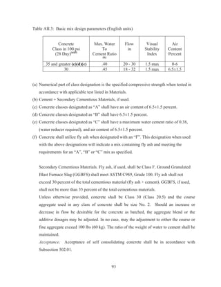 93
Table AII.3: Basic mix design parameters (English units)
Concrete
Class in 100 psi
(28 Day)(a)(f)
Max. Water
To
Cement Ratio
(b)
Flow
in
Visual
Stability
Index
Air
Content
Percent
35 and greater (c)(d)(e) .40 20 - 30 1.5 max 0-6
30 .45 18 - 32 1.5 max 6.5±1.5
(a) Numerical part of class designation is the specified compressive strength when tested in
accordance with applicable test listed in Materials.
(b) Cement + Secondary Cementious Materials, if used.
(c) Concrete classes designated as “A” shall have an air content of 6.5±1.5 percent.
(d) Concrete classes designated as “B” shall have 6.5±1.5 percent.
(e) Concrete classes designated as “C” shall have a maximum water cement ratio of 0.38,
(water reducer required), and air content of 6.5±1.5 percent.
(f) Concrete shall utilize fly ash when designated with an “F”. This designation when used
with the above designations will indicate a mix containing fly ash and meeting the
requirements for an “A”, “B” or “C” mix as specified.
Secondary Cementious Materials. Fly ash, if used, shall be Class F. Ground Granulated
Blast Furnace Slag (GGBFS) shall meet ASTM C989, Grade 100. Fly ash shall not
exceed 30 percent of the total cementious material (fly ash + cement). GGBFS, if used,
shall not be more than 35 percent of the total cementious materials.
Unless otherwise provided, concrete shall be Class 30 (Class 20.5) and the coarse
aggregate used in any class of concrete shall be size No. 2. Should an increase or
decrease in flow be desirable for the concrete as batched, the aggregate blend or the
additive dosages may be adjusted. In no case, may the adjustment to either the coarse or
fine aggregate exceed 100 lbs (60 kg). The ratio of the weight of water to cement shall be
maintained.
Acceptance. Acceptance of self consolidating concrete shall be in accordance with
Subsection 502.01.
 
