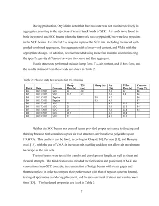7
During production, Ozyildirim noted that free moisture was not monitored closely in
aggregates, resulting in the rejection of several truck loads of SCC. Air voids were found in
both the control and SCC beams when the formwork was stripped off, but were less prevalent
in the SCC beams. He offered five ways to improve the SCC mix, including the use of well-
graded combined aggregates, fine aggregate with a lower void content, and VMA with the
appropriate dosage. In addition, he recommended using more fine material and minimizing
the specific gravity difference between the coarse and fine aggregate.
Plastic state tests performed include slump flow, T20, air content, and U-box flow, and
the results obtained from these tests are shown in Table 2.
Table 2: Plastic state test results for PRB beams
Neither the SCC beams nor control beams provided proper resistance to freezing and
thawing because both contained a poor air void structure, attributable to polycarboxylate
HRWRA. This problem can be fixed, according to Khayat [14], Persson [15], and Beaupre
et al. [16], with the use of VMA; it increases mix stability and does not allow air entrainment
to escape as the mix sets.
The test beams were tested for transfer and development length, as well as shear and
flexural strength. The field evaluations included the fabrication and placement of SCC and
conventional non-SCC concrete, instrumentation of bridge beams with strain gages and
thermocouples (in order to compare their performance with that of regular concrete beams),
testing of specimens cast during placement, and the measurement of strain and camber over
time [13]. The hardened properties are listed in Table 3.
 