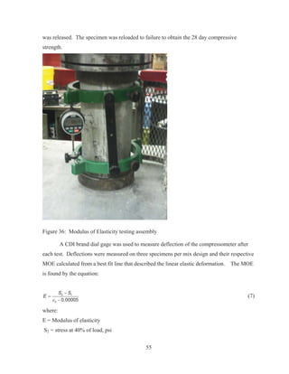 55
was released. The specimen was reloaded to failure to obtain the 28 day compressive
strength.
Figure 36: Modulus of Elasticity testing assembly
A CDI brand dial gage was used to measure deflection of the compressometer after
each test. Deflections were measured on three specimens per mix design and their respective
MOE calculated from a best fit line that described the linear elastic deformation. The MOE
is found by the equation:
2 1
2 0.00005
S S
E
H


(7)
where:
E = Modulus of elasticity
S2 = stress at 40% of load, psi
 