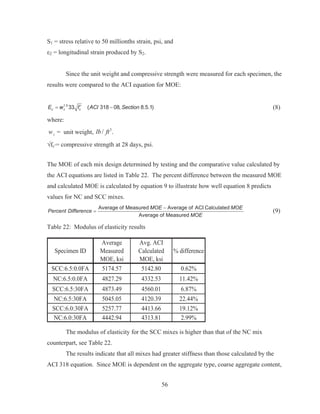 56
S1 = stress relative to 50 millionths strain, psi, and
İ2 = longitudinal strain produced by S2.
Since the unit weight and compressive strength were measured for each specimen, the
results were compared to the ACI equation for MOE:
1.5
33 ( 318 08, 8.5.1)c c cE w f ACI Sectionc  (8)
where:
cw = unit weight, 3
/ .lb ft
¥fc’= compressive strength at 28 days, psi.
The MOE of each mix design determined by testing and the comparative value calculated by
the ACI equations are listed in Table 22. The percent difference between the measured MOE
and calculated MOE is calculated by equation 9 to illustrate how well equation 8 predicts
values for NC and SCC mixes.
Average of Measured Average of ACI Calculated
Average of Measured
MOE MOE
Percent Difference
MOE

(9)
Table 22: Modulus of elasticity results
Specimen ID
Average
Measured
MOE, ksi
Avg. ACI
Calculated
MOE, ksi
% difference
SCC:6.5:0.0FA 5174.57 5142.80 0.62%
NC:6.5:0.0FA 4827.29 4332.53 11.42%
SCC:6.5:30FA 4873.49 4560.01 6.87%
NC:6.5:30FA 5045.05 4120.39 22.44%
SCC:6.0:30FA 5257.77 4413.66 19.12%
NC:6.0:30FA 4442.94 4313.81 2.99%
The modulus of elasticity for the SCC mixes is higher than that of the NC mix
counterpart, see Table 22.
The results indicate that all mixes had greater stiffness than those calculated by the
ACI 318 equation. Since MOE is dependent on the aggregate type, coarse aggregate content,
 