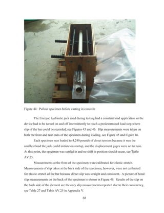68
Figure 44: Pullout specimen before casting in concrete
The Enerpac hydraulic jack used during testing had a constant load application so the
device had to be turned on and off intermittently to reach a predetermined load step where
slip of the bar could be recorded, see Figures 45 and 46. Slip measurements were taken on
both the front and rear ends of the specimen during loading, see Figure 45 and Figure 46.
Each specimen was loaded to 4,240 pounds of direct tension because it was the
smallest load the jack could initiate on startup, and the displacement gages were set to zero.
At this point, the specimen was settled in and no shift in position should occur, see Table
AV.25.
Measurements at the front of the specimen were calibrated for elastic stretch.
Measurements of slip taken at the back side of the specimen, however, were not calibrated
for elastic stretch of the bar because direct slip was straight and consistent. A picture of bond
slip measurements on the back of the specimen is shown in Figure 46. Results of the slip on
the back side of the element are the only slip measurements reported due to their consistency,
see Table 27 and Table AV.25 in Appendix V.
 
