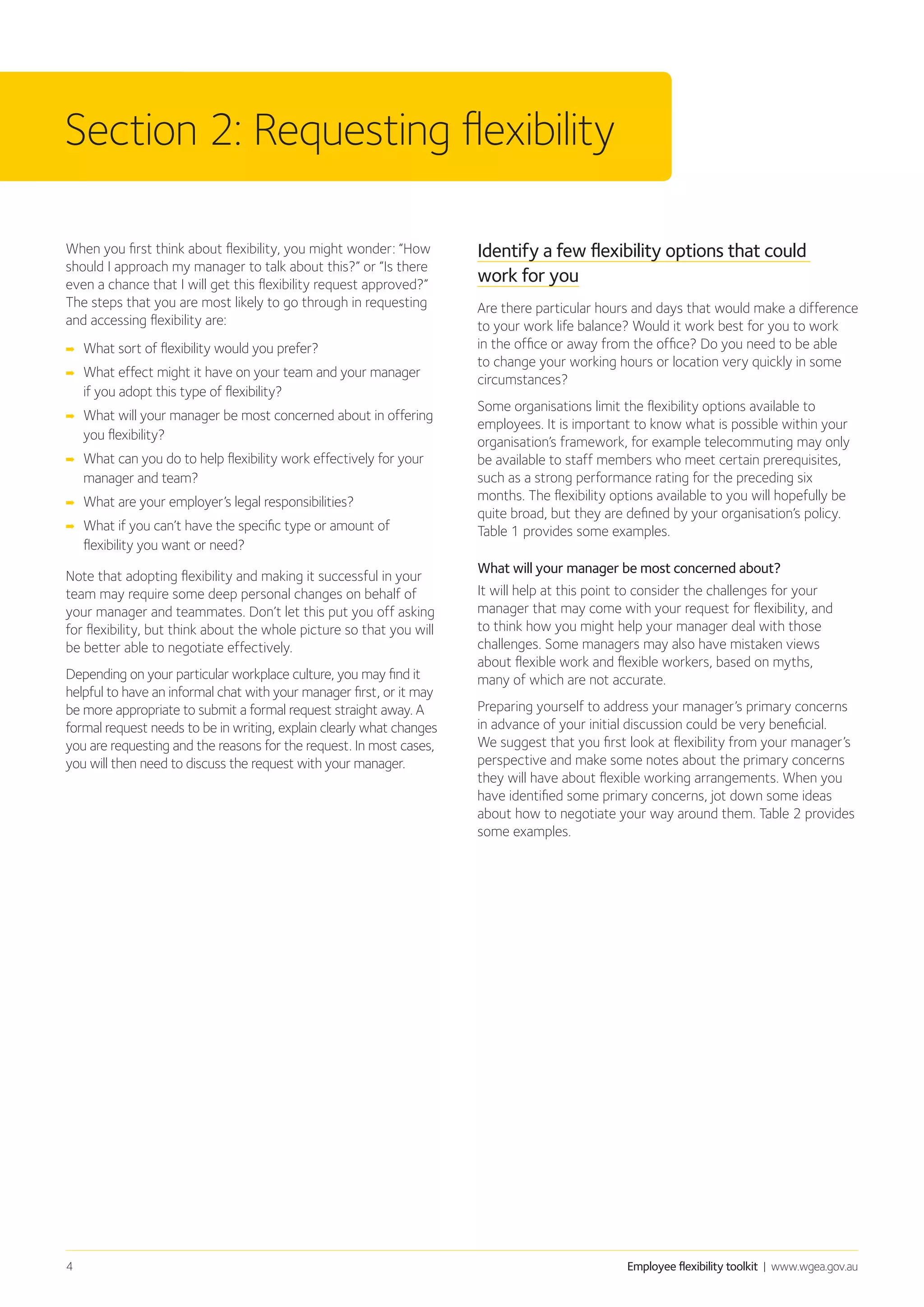 Employee flexibility toolkit | www.wgea.gov.au4
Section 2: Requesting flexibility
When you first think about flexibility, you might wonder: “How
should I approach my manager to talk about this?” or “Is there
even a chance that I will get this flexibility request approved?”
The steps that you are most likely to go through in requesting
and accessing flexibility are:
➡➡ What sort of flexibility would you prefer?
➡➡ What effect might it have on your team and your manager
if you adopt this type of flexibility?
➡➡ What will your manager be most concerned about in offering
you flexibility?
➡➡ What can you do to help flexibility work effectively for your
manager and team?
➡➡ What are your employer’s legal responsibilities?
➡➡ What if you can’t have the specific type or amount of
flexibility you want or need?
Note that adopting flexibility and making it successful in your
team may require some deep personal changes on behalf of
your manager and teammates. Don’t let this put you off asking
for flexibility, but think about the whole picture so that you will
be better able to negotiate effectively.
Depending on your particular workplace culture, you may find it
helpful to have an informal chat with your manager first, or it may
be more appropriate to submit a formal request straight away. A
formal request needs to be in writing, explain clearly what changes
you are requesting and the reasons for the request. In most cases,
you will then need to discuss the request with your manager.
Identify a few flexibility options that could
work for you
Are there particular hours and days that would make a difference
to your work life balance? Would it work best for you to work
in the office or away from the office? Do you need to be able
to change your working hours or location very quickly in some
circumstances?
Some organisations limit the flexibility options available to
employees. It is important to know what is possible within your
organisation’s framework, for example telecommuting may only
be available to staff members who meet certain prerequisites,
such as a strong performance rating for the preceding six
months. The flexibility options available to you will hopefully be
quite broad, but they are defined by your organisation’s policy.
Table 1 provides some examples.
What will your manager be most concerned about?
It will help at this point to consider the challenges for your
manager that may come with your request for flexibility, and
to think how you might help your manager deal with those
challenges. Some managers may also have mistaken views
about flexible work and flexible workers, based on myths,
many of which are not accurate.
Preparing yourself to address your manager’s primary concerns
in advance of your initial discussion could be very beneficial.
We suggest that you first look at flexibility from your manager’s
perspective and make some notes about the primary concerns
they will have about flexible working arrangements. When you
have identified some primary concerns, jot down some ideas
about how to negotiate your way around them. Table 2 provides
some examples.
 