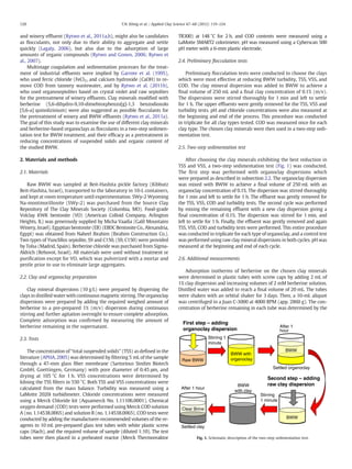 120 T.N. König et al. / Applied Clay Science 67–68 (2012) 119–124 
and winery effluent (Rytwo et al., 2011a,b), might also be candidates 
as flocculants, not only due to their ability to aggregate and settle 
quickly (Lagaly, 2006), but also due to the adsorption of large 
amounts of organic compounds (Rytwo and Gonen, 2006; Rytwo et 
al., 2007). 
Multistage coagulation and sedimentation processes for the treat-ment 
of industrial effluents were implied by Garrote et al. (1995), 
who used ferric chloride (FeCl3) and calcium hydroxide (CaOH) to re-move 
COD from tannery wastewater, and by Rytwo et al. (2011b), 
who used organosepiolites based on crystal violet and raw sepiolites 
for the pretreatment of winery effluents. Clay minerals modified with 
berberine (5,6-dihydro-9,10-dimehtoxybenzo[g]-1,3 benzodioxolo 
[5,6-a] quinolizinium) were also suggested as possible flocculants for 
the pretreatment of winery and BWW effluents (Rytwo et al., 2011a). 
The goal of this study was to examine the use of different clayminerals 
and berberine-based organoclays as flocculants in a two-step sedimen-tation 
test for BWW treatment, and their efficacy as a pretreatment in 
reducing concentrations of suspended solids and organic content of 
the studied BWW. 
2. Materials and methods 
2.1. Materials 
Raw BWW was sampled at Beit-Hashita pickle factory (Kibbutz 
Beit-Hashita, Israel), transported to the laboratory in 10-L containers, 
and kept at roomtemperature until experimentation. SWy-2Wyoming 
Na-montmorillonite (SWy-2) was purchased from the Source Clay 
Repository of The Clay Minerals Society (Columbia, MO). Food-grade 
Volclay KWK bentonite (VO) (American Colloid Company, Arlington 
Heights, IL) was generously supplied by Micha Vaadia (Galil Mountains 
Winery, Israel). Egyptian bentonite (EB) (EBDC Bentonite Co., Alexandria, 
Egypt) was obtained from Naheel Ibrahim (Ibrahim Construction Co.). 
Two types of Yunclillos sepiolite, S9 and C150, (S9, C150) were provided 
by Tolsa (Madrid, Spain). Berberine chloride was purchased from Sigma- 
Aldrich (Rehovot, Israel). All materials were used without treatment or 
purification except for VO, which was pulverized with a mortar and 
pestle prior to use to eliminate large aggregates. 
2.2. Clay and organoclay preparation 
Clay mineral dispersions (10 g/L) were prepared by dispersing the 
clays in distilled waterwith continuousmagnetic stirring. The organoclay 
dispersions were prepared by adding the required weighed amount of 
berberine to a pre-prepared 1% (m/v) dispersion during continuous 
stirring and further agitation overnight to ensure complete adsorption. 
Complete adsorption was confirmed by measuring the amount of 
berberine remaining in the supernatant. 
2.3. Tests 
The concentration of “total suspended solids” (TSS) as defined in the 
literature (APHA, 2005)was determined by filtering 5 mL of the sample 
through a 47-mm glass fiber membrane (Sartorious Stedim Biotech 
GmbH, Goettingen, Germany) with pore diameter of 0.45 μm, and 
drying at 105 °C for 1 h. VSS concentrations were determined by 
kilning the TSS filters in 550 °C. Both TSS and VSS concentrations were 
calculated from the mass balance. Turbidity was measured using a 
LaMotte 2020i turbidimeter. Chloride concentrations were measured 
using a Merck Chloride kit (Aquamerck No. 1.11106.0001). Chemical 
oxygen demand (COD) testswere performed using Merck COD solution 
A (no. 1.14538.0065) and solution B (no. 1.14538.0065). CODtestswere 
conducted by adding themanufacturer-recommended volumes of the re-agents 
to 10 mL pre-prepared glass test tubes with white plastic screw 
caps (Hach), and the required volume of sample (diluted 1:10). The test 
tubes were then placed in a preheated reactor (Merck Thermoreaktor 
TR300) at 148 °C for 2 h, and COD contents were measured using a 
LaMotte SMART2 colorimeter. pH was measured using a Cyberscan 500 
pH meter with a 6-mm plastic electrode. 
2.4. Preliminary flocculation tests 
Preliminary flocculation tests were conducted to choose the clays 
which were most effective at reducing BWW turbidity, TSS, VSS, and 
COD. The clay mineral dispersion was added to BWW to achieve a 
final volume of 250 mL and a final clay concentration of 0.1% (m/v). 
The dispersions were stirred thoroughly for 1 min and left to settle 
for 1 h. The upper effluents were gently removed for the TSS, VSS and 
turbidity tests. pH and chloride concentrations were also measured at 
the beginning and end of the process. This procedure was conducted 
in triplicate for all clay types tested. COD was measured once for each 
clay type. The chosen clay minerals were then used in a two-step sedi-mentation 
test. 
2.5. Two-step sedimentation test 
After choosing the clay minerals exhibiting the best reduction in 
TSS and VSS, a two-step sedimentation test (Fig. 1) was conducted. 
The first step was performed with organoclay dispersions which 
were prepared as described in subsection 2.2. The organoclay dispersion 
was mixed with BWW to achieve a final volume of 250 mL with an 
organoclay concentration of 0.1%. The dispersion was stirred thoroughly 
for 1 min and left to settle for 1 h. The effluent was gently removed for 
the TSS, VSS, COD and turbidity tests. The second cycle was performed 
by mixing the remaining effluent with a new clay dispersion giving a 
final concentration of 0.1%. The dispersion was stirred for 1 min, and 
left to settle for 1 h. Finally, the effluent was gently removed and again 
TSS, VSS, COD and turbidity tests were performed. This entire procedure 
was conducted in triplicate for each type of organoclay, and a control test 
was performed using raw claymineral dispersions in both cycles. pHwas 
measured at the beginning and end of each cycle. 
2.6. Additional measurements 
Adsorption isotherms of berberine on the chosen clay minerals 
were determined in plastic tubes with screw caps by adding 2 mL of 
1% clay dispersion and increasing volumes of 2 mM berberine solution. 
Distilled water was added to reach a final volume of 20mL. The tubes 
were shaken with an orbital shaker for 3 days. Then, a 10-mL aliquot 
was centrifuged in a Juan C-3000 at 4000 RPM (app. 2860 g). The con-centration 
of berberine remaining in each tube was determined by the 
BWW with 
organoclay 
After 1 
hour 
BWW 
Settled organoclay 
Second step – adding 
BWW raw clay dispersion 
with clay 
BWW 
Raw BWW 
After 1 hour 
Clear Brine 
Settled clay 
Stirring 1 
minute 
Stirring 
1 minute 
First step – adding 
organoclay dispersion 
Fig. 1. Schematic description of the two-step sedimentation test. 
 