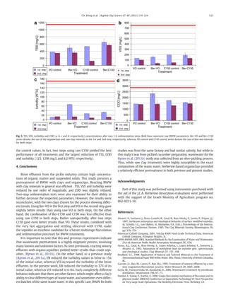 T.N. König et al. / Applied Clay Science 67–68 (2012) 119–124 123 
a 1200 
b 
1000 
800 
600 
400 
200 
c 180 
d 
160 
140 
120 
100 
80 
60 
40 
20 
the control values. In fact, two steps using raw C150 yielded the best 
performance of all treatments and the largest reduction of TSS, COD 
and turbidity (123, 1296mg/L and 8.2 NTU, respectively). 
4. Conclusions 
Brine effluents from the pickle industry contain high concentra-tions 
of organic matter and suspended solids. This study presents a 
pretreatment of BWW with clays and organoclays. Reacting BWW 
with clay minerals in general was efficient . TSS, VSS and turbidity were 
reduced by one order of magnitude, and COD was slightly reduced. 
Two-step sedimentation tests were also examined for their ability to 
further decrease the inspected parameters. However, the results were 
inconclusive, with the two clays chosen for the process showing differ-ent 
trends. Using Ber-VO in the first step and VO in the second step gave 
slightly better results than using raw VO in both steps. On the other 
hand, the combination of Ber-C150 and C150 was less effective than 
using raw C150 in both steps. Rather unexpectedly, after two steps 
C150 gave even better results than VO. These results, combined with 
the very fast aggregation and settling observed with C150, make 
the sepiolite an excellent candidate for a future multistage flocculation 
and sedimentation processes for BWWtreatments. 
It is important to note that this and previous experiments indicate 
that wastewater pretreatment is a highly enigmatic process, involving 
many known and unknown factors. As seen previously, reactingwinery 
effluents with organo-sepiolites yielded better results than crude sepi-olites 
(Rytwo et al., 2011b). On the other hand, in a previous study 
(Rytwo et al., 2011a), EB reduced the turbidity values in brine to 15% 
of the initial value, whereas VO increased the turbidity of the brine 
effluents. In the present work, EB reduced the turbidity to 37% of its 
initial value, whereas VO reduced it to 8%. Such completely different 
behavior indicates that there are other factorswhich might affect a clay's 
ability to clear different types ofwaste water, and sometimes even differ-ent 
batches of the same waste water. In this specific case, BWWfor both 
800 
700 
600 
500 
400 
300 
200 
100 
0 
VO control Ber-VO C150 control Ber-C150 
Treatment 
3500 
3000 
2500 
2000 
1500 
1000 
500 
studies was from the same factory and had similar salinity, but while in 
this study it was from pickled cucumber preparation, wastewater for the 
Rytwo et al. (2011b) study was collected froman olive-pickling process. 
Thus, while raw clay treatments were highly susceptible to the exact 
composition of the waste water, berberine-based organoclays provided 
a relatively efficient pretreatment in both previous and present studies. 
Acknowledgments 
Part of this study was performed using instruments purchased with 
the aid of the J.C.A. Berberine desorption evaluations were performed 
with the support of the Israeli Ministry of Agriculture program no. 
862-0231-10. 
References 
Alvarez, A., Santaren, J., Perez-Castells, R., Casal, B., Ruiz-Hitzky, E., Levitz, P., Fripiat, J.J., 
1987. Surfactant adsorption and rheological behavior of surface modified sepiolite. 
In: Schultz, L.G., van Olphen, H., Mumpton, F.A. (Eds.), Proceedings of the Interna-tional 
Clay Conference, Denver, 1985. The Clay Minerals Society, Bloomington, IN, 
pp. 370–374. 
American Colloid Company, 2001. Volclay KWK Food Grade Technical Data. American 
Colloid Company, Arlington Heights, IL. 
APHAAWWAWEF, 2005. Standard Methods for the Examination of Water and Wastewater, 
21st ed. American Public Health Association, Washington DC, USA. 
Aznar, A.J., Casal, B., Ruiz-Hitzky, E., Lopez-Arbeloa, I., Lopez-Arbeloa, F., Santaren, J., 
Alvarez, A., 1992. Adsorption of methylene blue on sepiolite gels: spectroscopic 
and rheological studies. Clay Minerals 27, 101–108. 
Bouffard, S.C., 1998. Application of Natural and Tailored Minerals to the Treatment of 
Thermomechanical PaperMillWhite Water. MSc Thesis, University of British Columbia, 
BC. 
Garrote, J.I., Bao, M., Castro, P., Bao, M.J., 1995. Treatment of tannery effluents by a two 
step coagulation/flocculation process. Water Research 29, 2605–2608. 
Gryta, M., Tomaszewska, M., Karakulski, K., 2006. Wastewater treatment by membrane 
distillation. Desalination 198, 67–73. 
Hanhui, Z., Xiaoqi, Z., Xuehui, Z., 2006. Coagu-flocculationmechanismof flocculant and its 
physical model. 2004 ECI Conference on Separations Technology VI: New Perspective 
on Very Large-Scale Operations. The Berkeley Electronic Press, Berkeley, CA. 
VSS [mg/L] 
1st. step 
2nd. step 
0 
VO control Ber-VO C150 control Ber-C150 
Treatment 
VO control Ber-VO C150 control Ber-C150 
Treatment 
VO control Ber-VO C150 control Ber-C150 
Treatment 
TSS [mg/L] 
1st. step 
2nd. step 
0 
turbidity [NTU] 
1st. step 
2nd.step 
0 
COD [mg/L] 
1st. step 
2nd. step 
Fig. 5. TSS, VSS, turbidity and COD (a, b, c and d, respectively) concentrations after two 1-h sedimentation steps. Bold lines represent raw BWW parameters. Ber-VO and Ber-C150 
series denote the use of the organoclays and raw clay minerals in the 1st and 2nd step, respectively, whereas VO control and C150 control series denote the use of the raw minerals 
for both steps. 
 