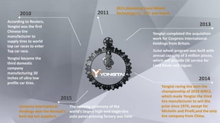 2010
According to Reuters,
Yongtai was the first
Chinese tire
manufacturer to
supply tires to world
top car races to enter
Top car race.
Yongtai became the
third domestic
company
manufacturing 30
inches of ultra low
profile car tires.
2011
2011,Shandong Jiutai Wheel
Technology co., LTD. was found.
2013
Yongtai completed the acquisition
work for Covpress International
Holdings from Britain.
Jiutai wheel program was built with
annual capacity of 3 million pieces,
which will provide OE service for
Land Rover and Jaguar.
2014
Yongtai racing tire won the
championship of 2014 WRC2,
which made Yongtai the third
tire manufacturer to win the
prize since 1974, except for
Michelin and Pirelli,and the only
tire company from China.
2015
Covpress International
Holdings won the Renault's
best top ten suppliers.
The opening ceremony of the
world’s largest high-end single-line
auto panel pressing factory was held.
 