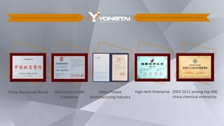 AAA Grade Credit
Enterprise
2003-2012 among top 500
china chemical enterprise
China Renowned Brand China Private
Manufacturing Industry
Hign-tech Enterprise
 