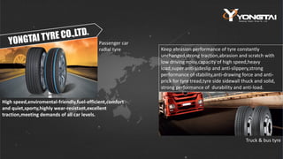 High speed,enviromental-friendly,fuel-efficient,comfort
and quiet,sporty,highly wear-resistant,excellent
traction,meeting demands of all car levels.
Keep abrasion performance of tyre constantly
unchanged,strong traction,abrasion and scratch with
low driving noisy,capacity of high speed,heavy
load,super anti-sideslip and anti-slippery,strong
performance of stability,anti-drawing force and anti-
prick for tyre tread,tyre side sidewall thuck and solid,
strong performance of durability and anti-load.
Passenger car
radial tyre
Truck & bus tyre
 