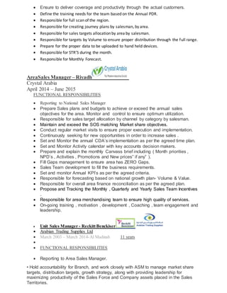  Ensure to deliver coverage and productivity through the actual customers.
 Define the training needs for the team based on the Annual PDR.
 Responsible for full scan of the region.
 Responsible for creating journey plans by salesman, by area.
 Responsible for sales targets allocation by area by salesman.
 Responsible for targets by Volume to ensure proper distribution through the full range.
 Prepare for the proper data to be uploaded to hand held devices.
 Responsible for STR’S during the month.
 Responsible for Monthly Forecast.
AreaSales Manager – Riyadh
Crystal Arabia
April 2014 – June 2015
FUNCTIONAL RESPONSIBILITIES
 Reporting to National Sales Manager
 Prepare Sales plans and budgets to achieve or exceed the annual sales
objectives for the area. Monitor and control to ensure optimum utilization.
 Responsible for sales target allocation by channel by category by salesman.
 Maintain and exceed the SOS matching Market share objectives.
 Conduct regular market visits to ensure proper execution and implementation.
 Continuously seeking for new opportunities in order to increase sales .
 Set and Monitor the annual CDA’s implementation as per the agreed time plan.
 Set and Monitor Activity calendar with key accounts decision makers.
 Prepare and explain the monthly Canvass brief including ( Month priorities ,
NPD’s , Activities , Promotions and New prices” if any” ).
 Fill Gaps management to ensure area has ZERO Gaps.
 Sales Team development to fill the business requirements.
 Set and monitor Annual KPI’s as per the agreed criteria.
 Responsible for forecasting based on national growth plan- Volume & Value.
 Responsible for overall area finance reconciliation as per the agreed plan.
 Propose and Tracking the Monthly , Quarterly and Yearly Sales Team Incentives
.
 Responsible for area merchandising team to ensure high quality of services.
 On-going training , motivation , development , Coaching , team engagement and
leadership.
 Unit Sales Manager - Reckitt Benckiser
 Arabian Trading Supplies Ltd
 March 2003 – March 2014-Al Madinah 11 years

 FUNCTIONAL RESPONSIBILITIES
 Reporting to Area Sales Manager.
• Hold accountability for Branch, and work closely with ASM to manage market share
targets, distribution targets, growth strategy, along with providing leadership for
maximizing productivity of the Sales Force and Company assets placed in the Sales
Territories.
 