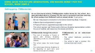 DOING GOOD FOR FUTURE GENERATIONS, AND MAKING MONEY FOR THE
SCHOOL, MADE SIMPLE
As an extra-mural activity, FUNdamentals makes money for the school. As a
specialist alternative to in-house PE, the cost is recovered from fees and may
be offset savings from WeBenefit and an annual rebate. To get going…
o We can help prepare a motivation to the School Governing Body, if required.
o A Master Services Agreement is signed
o A Physical Trainer is appointed especially for the school
o The school sponsor and Trainer and/or Armoury Academy representative confirm
the use of facilities and resources, the classes and times
21
FUNdamentals as an extra-mural
activity:
o The school distributes promotional
material
o The school is paid a lucrative 15%
revenue share each month
FUNdamentals through the school:
o The cost of providing a Trainer is
agreed with Armoury Academy
(depending on the no. of learners and
classes)
o The school raises the funds though
fees
o The school pays Armoury Academy at
the beginning of each term (and
receives an annual 10% rebate)
Getting going - FUNdamentals
 