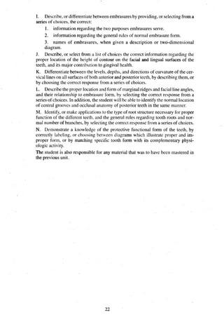 I. Describe, or differentiatebetween embrasuresby providing, or selectingfrom a
series of choices, the correct:
1. information regarding the two purposes embrasures serve.
2. information regarding the general rules of normal embrasure form.
3. names of embrasures, when given a description or two-dimensional
diagram.
J. Describe, or select from a list of choices the correct information regarding the
proper location of the height of contour on the facial and lingual surfaces of the
teeth, and its major contribution to gingival health.
K. Differentiatebetween the levels, depths, and directions of curvature of the cer-
vical lines on all surfacesof both anteriorand posteriorteeth, by describingthem, or
by choosing the correct response from a series of choices.
L. Describethe proper location and form of marginal ridges and facial line angles,
and their relationship to embrasure form, by selecting the correct response from a
series of choices. In addition,the studentwill be able to identify the normal location
of central grooves and occlusal anatomy of posterior teeth in the same manner.
M. Identify, or make applicationsto the type of root structure necessary for proper
function of the different teeth, and the general rules regarding tooth roots and nor-
mal number of branches, by selectingthe correct response from a series of choices.
N. Demonstrate a knowledge of the protective functional form of the teeth, by
correctly labeling, or choosing between diagrams which illustrate proper and im-
proper form, or by matching specific tooth form with its complementary physi-
ologic activity.
The student is also responsible for any material that was to have been mastered in
the previous unit.
 