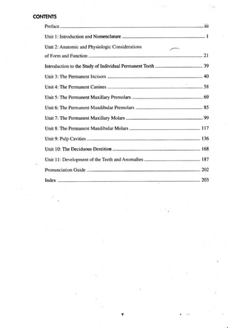 CONTENTS
...
Preface......................................................................................................................
ill
Unit 1: Introductionand Nomenclature ....................................................................1
Unit 2: Anatomic and PhysiologicConsiderations
/--
..............................................................................................
of Form and Function 21
Introductionto the Study of IndividualPermanent Teeth .......................................39
Unit 3: The Permanent Incisors ..............................................................................
40
Unit 4: The Permanent Canines ................................................................. ............58
Unit 5: The PermanentMaxillary Premolars ..........................................................
69
Unit 6: The Permanent Mandibular Premolars .......................................................
85
...............................................................
Unit 7: The PermanentMaxillary Molars 99
Unit 8: The PermanentMandibular Molars ..........................................................
117
Unit 9: Pulp Cavities.............................................................................................
136
Unit 10: The DeciduousDentition ........................................................................ 168
Unit 11: Development of the Teeth and Anomalies ........................................
187
PronunciationGuide ............................................................................................. 202
Index .....................................................................................................................
203
 