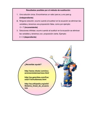 Resultados posibles por el método de sustitución

1. Una solución única. Encontramos un valor para x y uno para y.
   (independiente)
2. Ninguna solución; ocurre cuando al sustituir en la ecuación se eliminan las
   variables y tenemos una proposición falsa, como por ejemplo:
   0 = 7 (inconsistente)
3. Soluciones infinitas: ocurre cuando al sustituir en la ecuación se eliminan
   las variables y tenemos una proposición cierta. Ejemplo:
   0 = 0 (dependiente)




         ¿Necesitas ayuda?


         http://www.vitutor.com/ecu
         aciones/sistemas/reso.html

         http://es.geocities.com/frac
         osta11/simultaneas.html

         http://es.wikipedia.org/wiki/
         Sistema_lineal_de_ecuacio
         nes
 