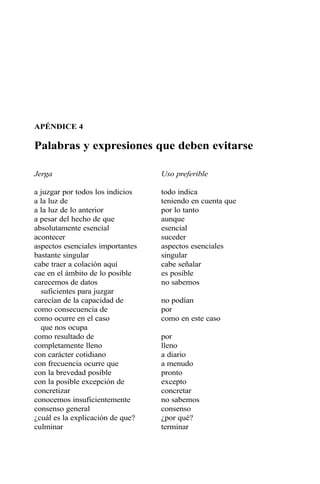 APÉNDICE 4 
Palabras y expresiones que deben evitarse 
Jerga Uso preferible 
a juzgar por todos los indicios todo indica 
a la luz de teniendo en cuenta que 
a la luz de lo anterior por lo tanto 
a pesar del hecho de que aunque 
absolutamente esencial esencial 
acontecer suceder 
aspectos esenciales importantes aspectos esenciales 
bastante singular singular 
cabe traer a colación aquí cabe señalar 
cae en el ámbito de lo posible es posible 
carecemos de datos no sabemos 
suficientes para juzgar 
carecían de la capacidad de no podían 
como consecuencia de por 
como ocurre en el caso como en este caso 
que nos ocupa 
como resultado de por 
completamente lleno lleno 
con carácter cotidiano a diario 
con frecuencia ocurre que a menudo 
con la brevedad posible pronto 
con la posible excepción de excepto 
concretizar concretar 
conocemos insuficientemente no sabemos 
consenso general consenso 
¿cuál es la explicación de que? ¿por qué? 
culminar terminar 
 