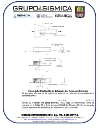 Figura 2.5. Distribución de Esfuerzos por Retaso de Cortante
        El área neta efectiva de los miembros tensionados debe ser determinada de la
        siguiente forma:


        Donde U, el factor de corte diferido (shear lag), es determinado como se
        muestra en la Tabla D3.1 de la Norma AISC360-05. El corte diferido se presenta
        cuando alguno de los elementos del miembro no está conectado.


       SISMIADIESTRAMIENTO 2010, C.A. RIF: J-29941677-0.
Centro Comercial Las Chimeneas. Modulo 1. Of. 4A-11. Valencia – Edo. Carabobo.Tel:0424-406.30.27
          Mail: proyectos.ingenieria@sismica.com.ve; Página Web: www.sismica.com.ve
                      Facebook: Sismica Adiestramiento; Twitter: @sismica1
 
