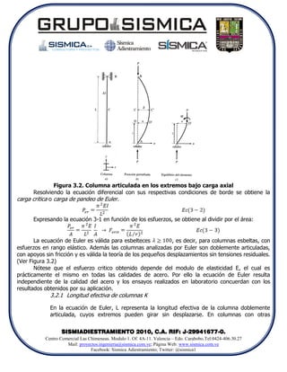 Figura 3.2. Columna articulada en los extremos bajo carga axial
      Resolviendo la ecuación diferencial con sus respectivas condiciones de borde se obtiene la
carga critica o carga de pandeo de Euler.


      Expresando la ecuación 3-1 en función de los esfuerzos, se obtiene al dividir por el área:


       La ecuación de Euler es válida para esbelteces           , es decir, para columnas esbeltas, con
esfuerzos en rango elástico. Además las columnas analizadas por Euler son doblemente articuladas,
con apoyos sin fricción y es válida la teoría de los pequeños desplazamientos sin tensiones residuales.
(Ver Figura 3.2)
       Nótese que el esfuerzo critico obtenido depende del modulo de elasticidad E, el cual es
prácticamente el mismo en todas las calidades de acero. Por ello la ecuación de Euler resulta
independiente de la calidad del acero y los ensayos realizados en laboratorio concuerdan con los
resultados obtenidos por su aplicación.
             3.2.1 Longitud efectiva de columnas K

             En la ecuación de Euler, L representa la longitud efectiva de la columna doblemente
             articulada, cuyos extremos pueden girar sin desplazarse. En columnas con otras


                  SISMIADIESTRAMIENTO 2010, C.A. RIF: J-29941677-0.
           Centro Comercial Las Chimeneas. Modulo 1. Of. 4A-11. Valencia – Edo. Carabobo.Tel:0424-406.30.27
                     Mail: proyectos.ingenieria@sismica.com.ve; Página Web: www.sismica.com.ve
                                 Facebook: Sismica Adiestramiento; Twitter: @sismica1
 