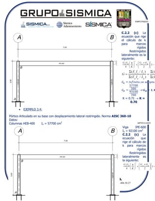 EMPOTRADO




                                                                                                  C.2.2 (c) La
                                                                                                  ecuación que rige
                                                                                                  el cálculo de k
                                                                                                  para       marcos
                                                                                                              rígidos
                                                                                                        Restringidos
                                                                                                  lateralmente es la
                                                                                                  siguiente:




                                                                                                   K = 0.71  K =
                                                                                                        0.70

          EJEMPLO 3.4:

Pórtico Articulado en su base con desplazamiento lateral restringido. Norma AISC 360-10
Datos:
Columnas HEB-400         Ix = 57700 cm2                                                       ARTICULADO

                                                                                  Viga      IPE-600
                                                                                  Ix = 92100 cm2
                                                                                  C.2.2 (c) La
                                                                                  ecuación        que
                                                                                  rige el cálculo de
                                                                                  k para marcos
                                                                                              rígidos
                                                                                        Restringidos
                                                                                  lateralmente es
                                                                                  la siguiente:




                  SISMIADIESTRAMIENTO 2010, C.A. RIF: J-29941677-0.
           Centro Comercial Las Chimeneas. Modulo 1. Of. 4A-11. Valencia – Edo. Carabobo.Tel:0424-406.30.27
                     Mail: proyectos.ingenieria@sismica.com.ve; Página Web: www.sismica.com.ve
                                 Facebook: Sismica Adiestramiento; Twitter: @sismica1
 