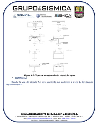 Figura 4.5. Tipos de arriostramiento lateral de vigas
         EJEMPLO 4.2:

     Calcular la viga del ejemplo 4.1 pero asumiendo que pertenece a al eje 2, del siguiente
esquema mostrado:




                 SISMIADIESTRAMIENTO 2010, C.A. RIF: J-29941677-0.
          Centro Comercial Las Chimeneas. Modulo 1. Of. 4A-11. Valencia – Edo. Carabobo.Tel:0424-406.30.27
                    Mail: proyectos.ingenieria@sismica.com.ve; Página Web: www.sismica.com.ve
                                Facebook: Sismica Adiestramiento; Twitter: @sismica1
 