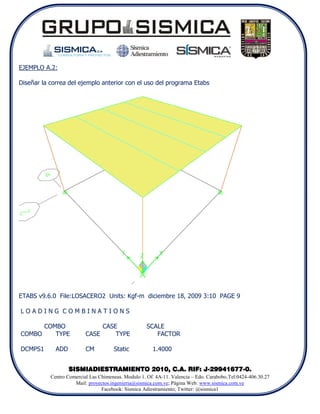 EJEMPLO A.2:

Diseñar la correa del ejemplo anterior con el uso del programa Etabs




ETABS v9.6.0 File:LOSACERO2 Units: Kgf-m diciembre 18, 2009 3:10 PAGE 9

LOADING COMBINATIONS

         COMBO                   CASE                SCALE
COMBO       TYPE          CASE       TYPE               FACTOR

DCMPS1       ADD          CM          Static           1.4000


                   SISMIADIESTRAMIENTO 2010, C.A. RIF: J-29941677-0.
           Centro Comercial Las Chimeneas. Modulo 1. Of. 4A-11. Valencia – Edo. Carabobo.Tel:0424-406.30.27
                     Mail: proyectos.ingenieria@sismica.com.ve; Página Web: www.sismica.com.ve
                                 Facebook: Sismica Adiestramiento; Twitter: @sismica1
 