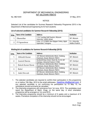 DEPARTMENT OF MECHANICAL ENGINEERING
NIT SILCHAR-788010
No. ME/14/81 01 May, 2015
NOTICE
Selected List of the candidates for Summer Research Fellowship Programme 2015 in the
Department of Mechanical Engineering for B.Tech students:
List of selected candidates for Summer Research Fellowship (2015):
Sl.No. Name of the Candidate Address Institution
1. Dhanurdhar
T-18, Teaching Staff Quarters, Mizoram
University, Tanhril, Aizawl
NIT, Mizoram
2. P.Vigeneshwar
H-No. 2-2-127/80/B. New Vijaypur Colony, Uppal,
Hyderabad, Telengana
K.L. University,
Andhra Pradesh
Waiting list of candidates for Summer Research Fellowship (2015):
Sl.No. Name of the Candidate Address Institution
1. Abhisekh Kumar
NIT Mizoram Administrative Block, Chaitlang,
Dawrkawn, Aizawl, Mizoram-796012
NIT, Mizoram
2. Asutosh Sharma
Neelkanth Boys Hostel, Room No. B-210, NIT
Hamirpur, Himachal Pradesh-177005
NIT, Hamirpur
3. Rakesh Kumar Rawat
NIT Mizoram, Administrative Block, Chaitlang,
Dawrkawn, Aizawl, Mizoram-796012
NIT, Mizoram
4. Rahul
NIT Mizoram, Administrative Block, Chaitlang,
Dawrkawn, Aizawl, Mizoram-796012
NIT, Mizoram
5. Ankit Diwvedi
NIT Mizoram, Administrative Block, Chaitlang,
Dawrkawn, Aizawl, Mizoram-796012
NIT, Mizoram
1. The selected candidates are required to confirm their participation in this programme
on or before 15th May, 2015 to the email addresses– headme.nits@gmail.com. If
any selected candidate is not confirming his participation by 15 May 15, his
candidature should summarily be cancelled.
2. The Internship programme will commence from 1st June, 2015. The candidates must
report the Department of Mech. Engg. on the same day. A short orientation
programme will be arranged on 1st June 2015.
3. The Internship programme should be a minimum of 6 weeks and a maximum of 8
weeks. Premature completion of the internship should not be encouraged.
Head
Mech. Engg.
 
