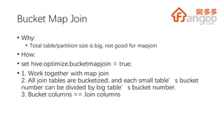 Bucket Map Join
• Why:
• Total table/partition size is big, not good for mapjoin
• How:
• set hive.optimize.bucketmapjoin = true;
• 1. Work together with map join
2. All join tables are bucketized, and each small table’s bucket
number can be divided by big table’s bucket number.
3. Bucket columns == Join columns
 