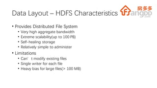 Data Layout – HDFS Characteristics
• Provides Distributed File System
• Very high aggregate bandwidth
• Extreme scalability(up to 100 PB)
• Self-healing storage
• Relatively simple to administer
• Limitations
• Can’t modify existing files
• Single writer for each file
• Heavy bias for large files(> 100 MB)
 