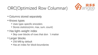 ORC(Optimized Row Columnar)
• Columns stored separately
• Knows types
• Uses type-specific encoders
• Stores statistics(min, max, sum, count)
• Has light-weight index
• Skip over blocks of rows that don‘t matter
• Larger blocks
• 256 MB by default
• Has an index for block boundaries
 