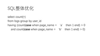 SQL整体优化
select count(*)
from logs group by user_id
having (count(case when page_name = ‘a’ then 1 end) > 0
and count(case when page_name = ‘b’ then 1 end) > 0)
 