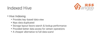 Indexed Hive
• Hive Indexing
• Provides key-based data view
• Keys data duplicated
• Storage layout favors search & lookup performance
• Provided better data access for certain operations
• A cheaper alternative to full data scans!
 