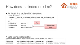 How does the index look like?
• An index is a table with 3 columns
• Data in index looks like
 