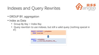 Indexes and Query Rewrites
• GROUP BY, aggregation
• Index as Data
• Group By Key = Index Key
• Query rewritten to use indexes, but still a valid query (nothing special in
it!)
 