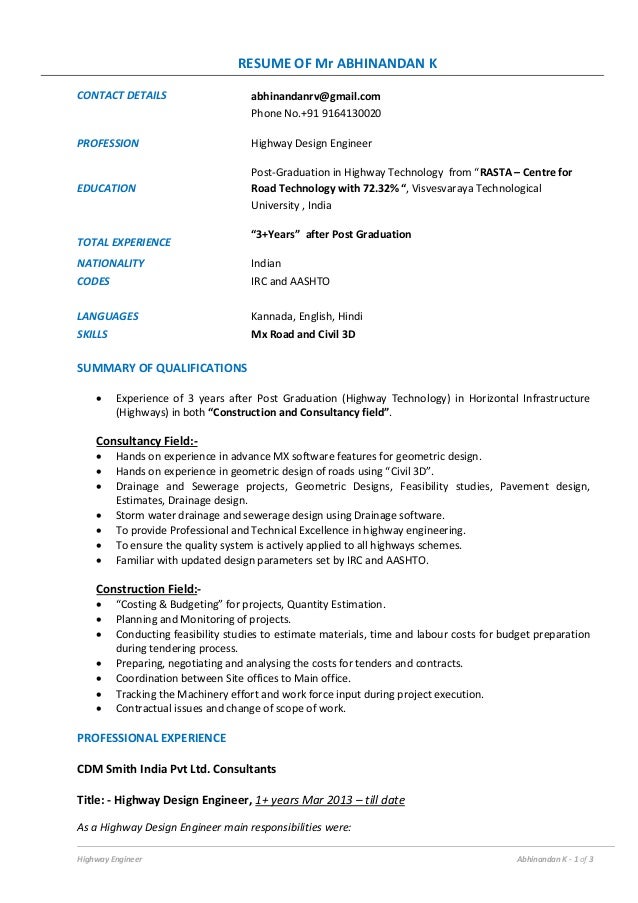 abhinandan k highway engineer with 3 yr expr 2014 highway engineer resume