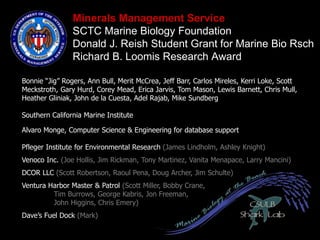 Minerals Management Service
SCTC Marine Biology Foundation
Donald J. Reish Student Grant for Marine Bio Rsch
Richard B. Loomis Research Award
Bonnie “Jig” Rogers, Ann Bull, Merit McCrea, Jeff Barr, Carlos Mireles, Kerri Loke, Scott
Meckstroth, Gary Hurd, Corey Mead, Erica Jarvis, Tom Mason, Lewis Barnett, Chris Mull,
Heather Gliniak, John de la Cuesta, Adel Rajab, Mike Sundberg
Southern California Marine Institute
Alvaro Monge, Computer Science & Engineering for database support
Pfleger Institute for Environmental Research (James Lindholm, Ashley Knight)
Venoco Inc. (Joe Hollis, Jim Rickman, Tony Martinez, Vanita Menapace, Larry Mancini)
DCOR LLC (Scott Robertson, Raoul Pena, Doug Archer, Jim Schulte)
Ventura Harbor Master & Patrol (Scott Miller, Bobby Crane,
Tim Burrows, George Kabris, Jon Freeman,
John Higgins, Chris Emery)
Dave’s Fuel Dock (Mark)
 
