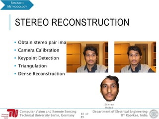 Computer Vision and Remote Sensing
Technical University Berlin, Germany
Department of Electrical Engineering
IIT Roorkee, India
STEREO RECONSTRUCTION
 Obtain stereo pair images
 Camera Calibration
 Keypoint Detection
 Triangulation
 Dense Reconstruction
RESEARCH
METHODOLOGY
Stereo
Model
12 of
25
 