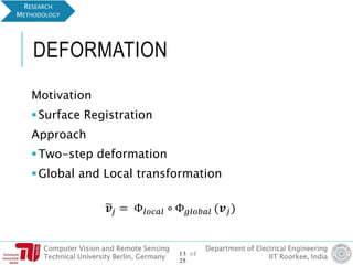 Computer Vision and Remote Sensing
Technical University Berlin, Germany
Department of Electrical Engineering
IIT Roorkee, India
DEFORMATION
Motivation
Surface Registration
Approach
Two-step deformation
Global and Local transformation
෥𝒗𝑗 = Φ𝑙𝑜𝑐𝑎𝑙 ∘ Φ 𝑔𝑙𝑜𝑏𝑎𝑙 (𝒗 𝑗)
RESEARCH
METHODOLOGY
13 of
25
 