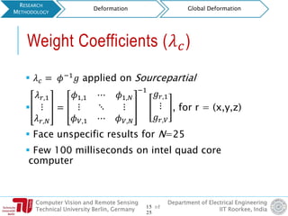Computer Vision and Remote Sensing
Technical University Berlin, Germany
Department of Electrical Engineering
IIT Roorkee, India
 𝜆 𝑐 = 𝜙−1 𝑔 applied on Sourcepartial

𝜆 𝑟,1
⋮
𝜆 𝑟,𝑁
=
𝜙1,1 ⋯ 𝜙1,𝑁
⋮ ⋱ ⋮
𝜙 𝑉,1 ⋯ 𝜙 𝑉,𝑁
−1
𝑔 𝑟,1
⋮
𝑔 𝑟,𝑉
, for r = (x,y,z)
 Face unspecific results for N=25
 Few 100 milliseconds on intel quad core
computer
RESEARCH
METHODOLOGY
Deformation Global Deformation
Weight Coefficients (𝜆 𝑐)
15 of
25
 