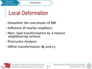 Computer Vision and Remote Sensing
Technical University Berlin, Germany
Department of Electrical Engineering
IIT Roorkee, India
Local Deformation
 Smoothen the overshoots of RBF
 Influence of nearby neighbors
 Non-rigid transformation by k nearest
neighbouring vertices
 Procrustes Analysis
 Affine transformation (𝐁𝑖 and 𝐭 𝑖)
RESEARCH
METHODOLOGY
Deformation
16 of
25
 