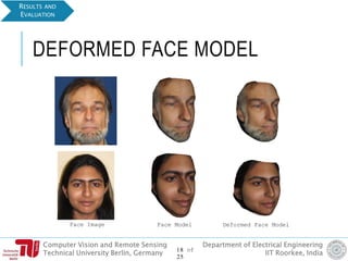 Computer Vision and Remote Sensing
Technical University Berlin, Germany
Department of Electrical Engineering
IIT Roorkee, India
DEFORMED FACE MODEL
RESULTS AND
EVALUATION
Face Image Face Model Deformed Face Model
18 of
25
 