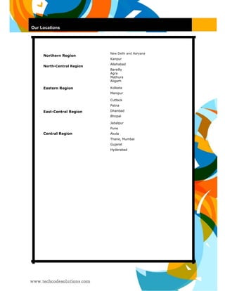 Our Locations 
Northern Region 
North-Central Region 
Eastern Region 
East-Central Region 
Central Region 
New Delhi and Haryana 
Kanpur 
Allahabad 
Bareilly 
Agra 
Mathura 
Aligarh 
Kolkata 
Manipur 
Cuttack 
Patna 
Dhanbad 
Bhopal 
Jabalpur 
Pune 
Akola 
Thane, Mumbai 
Gujarat 
Hyderabad  