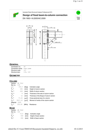 Autodesk Robot Structural Analysis Professional 2015
Design of fixed beam-to-column connection
EN 1993-1-8:2005/AC:2009
Ratio
0.68
GENERAL
Connection no.: 30
Connection name: Узел рамы
Structure node: 127
Structure bars: 118, 122
GEOMETRY
COLUMN
Section: ДК 25х1
Bar no.: 118
 = -90.0 [Deg] Inclination angle
hc = 246 [mm] Height of column section
bfc = 249 [mm] Width of column section
twc = 8 [mm] Thickness of the web of column section
tfc = 12 [mm] Thickness of the flange of column section
Ac = 77.52 [cm2] Cross-sectional area of a column
Ixc = 8917.12 [cm4] Moment of inertia of the column section
Material: С255
fyc = 250.00 [MPa] Resistance
BEAM
Section: ДК 26x2
Bar no.: 122
 = -0.0 [Deg] Inclination angle
hb = 258 [mm] Height of beam section
bf = 260 [mm] Width of beam section
Стр. 1 из 11
03.12.2015mhtml:file://C:UsersTRISTANDocumentsAutodeskOutputra_res.mht
 