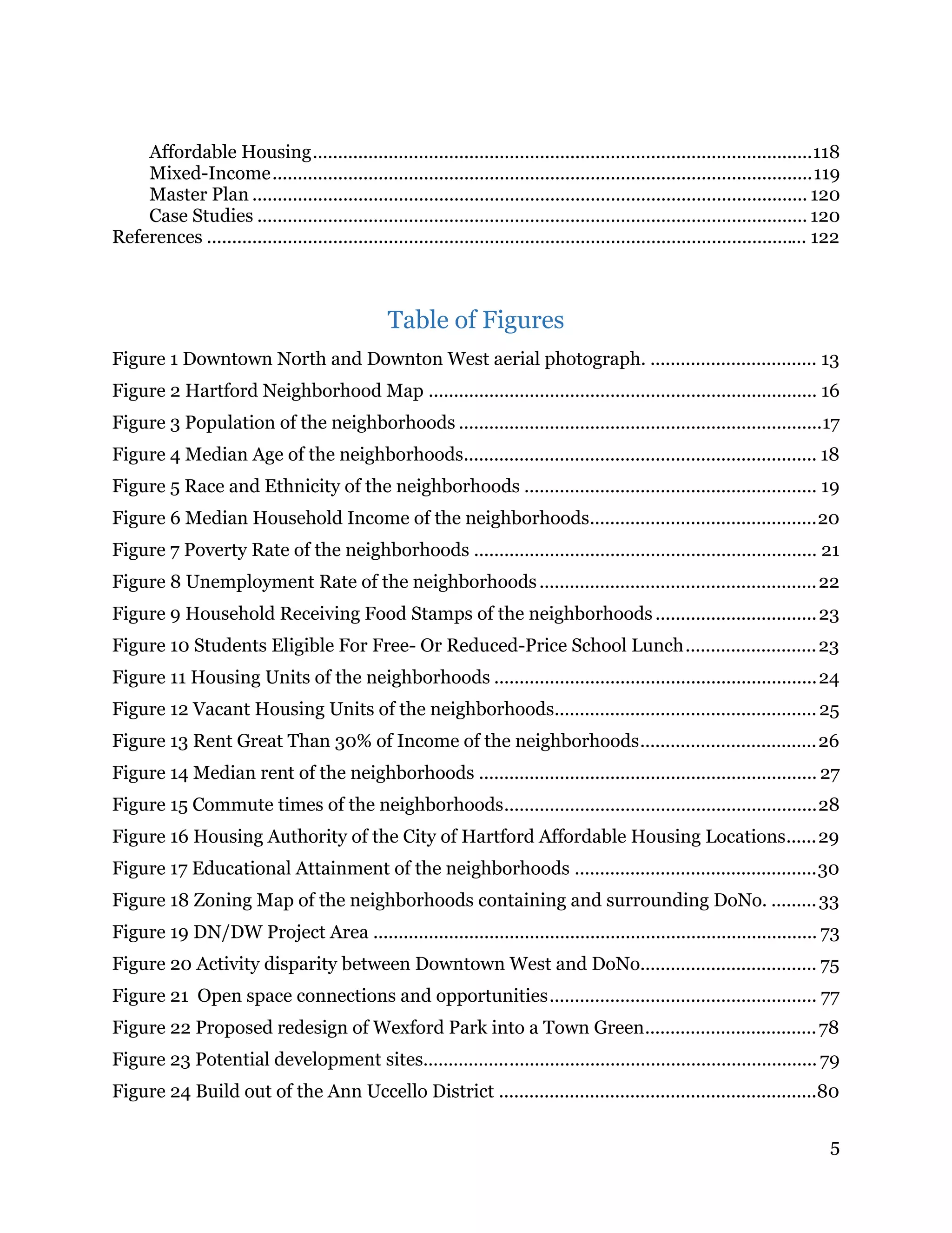 5
Affordable Housing...................................................................................................118 
Mixed-Income...........................................................................................................119 
Master Plan .............................................................................................................. 120 
Case Studies ............................................................................................................. 120 
References ....................................................................................................................... 122 
Table of Figures
Figure 1 Downtown North and Downton West aerial photograph. ................................. 13
Figure 2 Hartford Neighborhood Map ............................................................................. 16
Figure 3 Population of the neighborhoods ........................................................................17
Figure 4 Median Age of the neighborhoods...................................................................... 18
Figure 5 Race and Ethnicity of the neighborhoods .......................................................... 19
Figure 6 Median Household Income of the neighborhoods.............................................20
Figure 7 Poverty Rate of the neighborhoods .................................................................... 21
Figure 8 Unemployment Rate of the neighborhoods.......................................................22
Figure 9 Household Receiving Food Stamps of the neighborhoods................................23
Figure 10 Students Eligible For Free- Or Reduced-Price School Lunch..........................23
Figure 11 Housing Units of the neighborhoods ................................................................24
Figure 12 Vacant Housing Units of the neighborhoods....................................................25
Figure 13 Rent Great Than 30% of Income of the neighborhoods...................................26
Figure 14 Median rent of the neighborhoods ................................................................... 27
Figure 15 Commute times of the neighborhoods..............................................................28
Figure 16 Housing Authority of the City of Hartford Affordable Housing Locations......29
Figure 17 Educational Attainment of the neighborhoods ................................................30
Figure 18 Zoning Map of the neighborhoods containing and surrounding DoNo. .........33
Figure 19 DN/DW Project Area ........................................................................................ 73
Figure 20 Activity disparity between Downtown West and DoNo................................... 75
Figure 21 Open space connections and opportunities..................................................... 77
Figure 22 Proposed redesign of Wexford Park into a Town Green..................................78
Figure 23 Potential development sites……………............................................................... 79
Figure 24 Build out of the Ann Uccello District ...............................................................80
 
