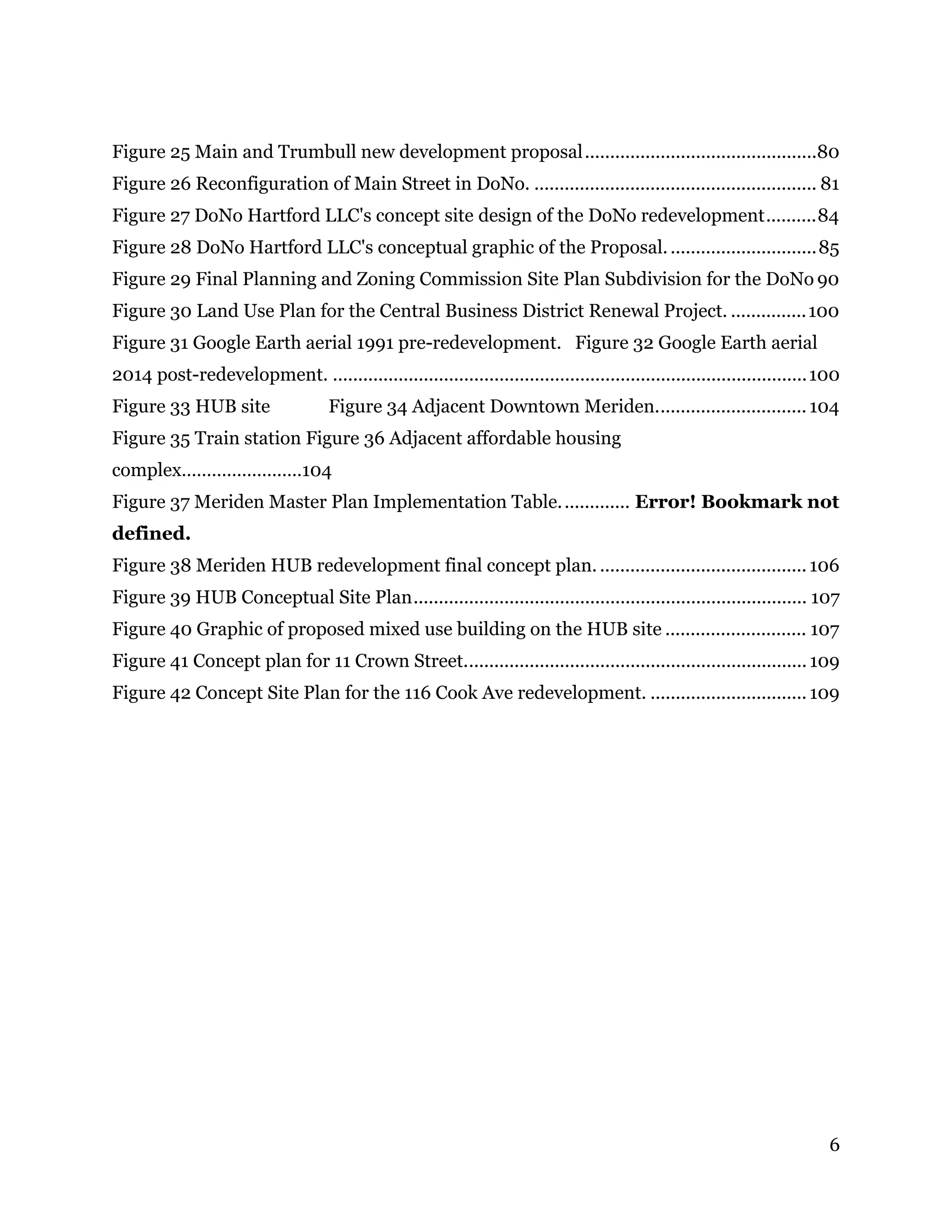 6
Figure 25 Main and Trumbull new development proposal..............................................80
Figure 26 Reconfiguration of Main Street in DoNo. ........................................................ 81
Figure 27 DoNo Hartford LLC's concept site design of the DoNo redevelopment..........84
Figure 28 DoNo Hartford LLC's conceptual graphic of the Proposal..............................85
Figure 29 Final Planning and Zoning Commission Site Plan Subdivision for the DoNo 90
Figure 30 Land Use Plan for the Central Business District Renewal Project. ...............100
Figure 31 Google Earth aerial 1991 pre-redevelopment. Figure 32 Google Earth aerial
2014 post-redevelopment. ..............................................................................................100
Figure 33 HUB site Figure 34 Adjacent Downtown Meriden..............................104
Figure 35 Train station Figure 36 Adjacent affordable housing
complex……………………104
Figure 37 Meriden Master Plan Implementation Table.............. Error! Bookmark not
defined.
Figure 38 Meriden HUB redevelopment final concept plan. ......................................... 106
Figure 39 HUB Conceptual Site Plan.............................................................................. 107
Figure 40 Graphic of proposed mixed use building on the HUB site ............................ 107
Figure 41 Concept plan for 11 Crown Street.................................................................... 109
Figure 42 Concept Site Plan for the 116 Cook Ave redevelopment. ............................... 109
 