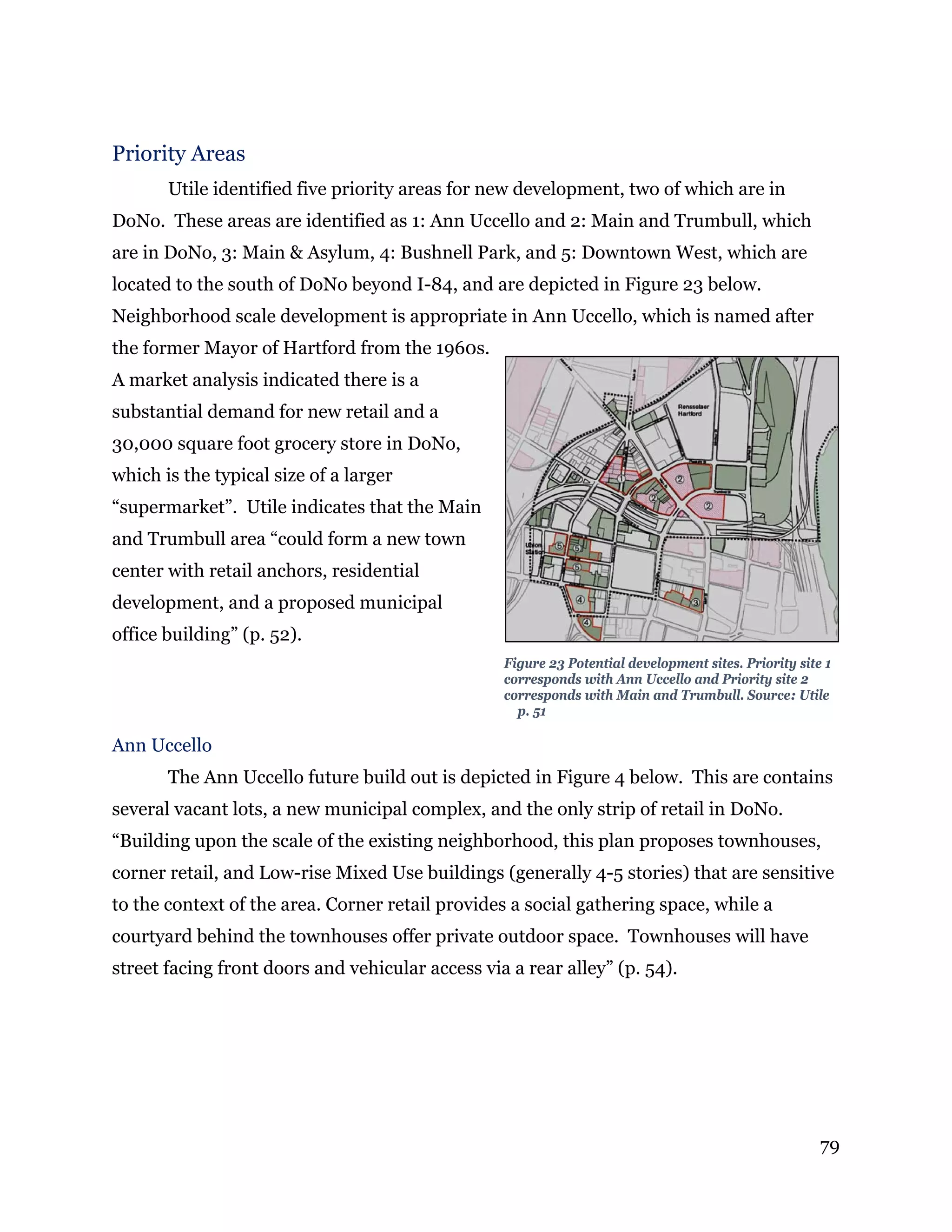 79
Priority Areas
Utile identified five priority areas for new development, two of which are in
DoNo. These areas are identified as 1: Ann Uccello and 2: Main and Trumbull, which
are in DoNo, 3: Main & Asylum, 4: Bushnell Park, and 5: Downtown West, which are
located to the south of DoNo beyond I-84, and are depicted in Figure 23 below.
Neighborhood scale development is appropriate in Ann Uccello, which is named after
the former Mayor of Hartford from the 1960s.
A market analysis indicated there is a
substantial demand for new retail and a
30,000 square foot grocery store in DoNo,
which is the typical size of a larger
“supermarket”. Utile indicates that the Main
and Trumbull area “could form a new town
center with retail anchors, residential
development, and a proposed municipal
office building” (p. 52).
Figure 23 Potential development sites. Priority site 1
corresponds with Ann Uccello and Priority site 2
corresponds with Main and Trumbull. Source: Utile
p. 51
Ann Uccello
The Ann Uccello future build out is depicted in Figure 4 below. This are contains
several vacant lots, a new municipal complex, and the only strip of retail in DoNo.
“Building upon the scale of the existing neighborhood, this plan proposes townhouses,
corner retail, and Low-rise Mixed Use buildings (generally 4-5 stories) that are sensitive
to the context of the area. Corner retail provides a social gathering space, while a
courtyard behind the townhouses offer private outdoor space. Townhouses will have
street facing front doors and vehicular access via a rear alley” (p. 54).
 