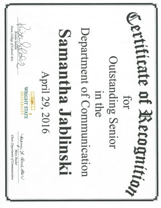 Outstanding Senior Award Certificate